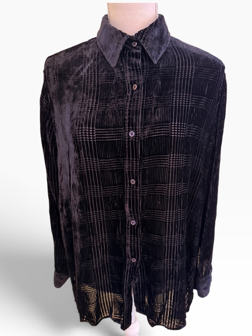 Lauren Ralph Lauren Black Velvet Burnout Plaid Long-Sleeve Button-Up Shirt 16W